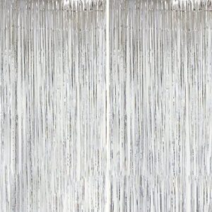dazzle bright backdrop curtain, 3ft x 8ft metallic tinsel foil fringe curtains photo booth background for baby shower party birthday wedding engagement bridal shower (4, silver)