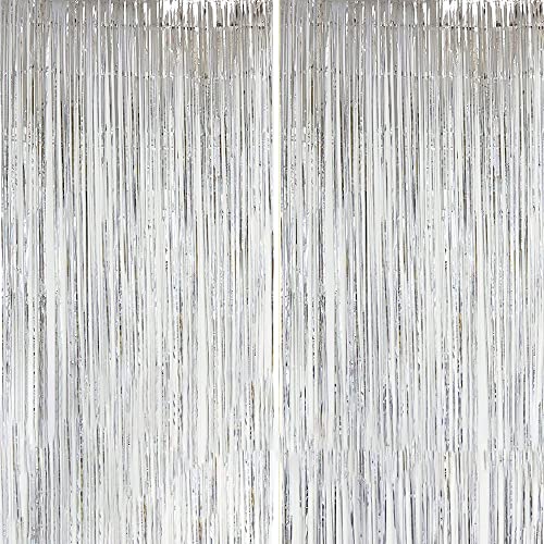 Dazzle Bright Backdrop Curtain, 3FT x 8FT Metallic Tinsel Foil Fringe Curtains Photo Booth Background for Baby Shower Party Birthday Wedding Engagement Bridal Shower (4, Silver)