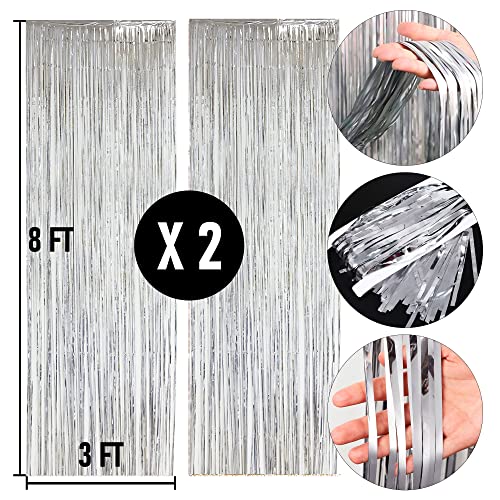 Dazzle Bright Backdrop Curtain, 3FT x 8FT Metallic Tinsel Foil Fringe Curtains Photo Booth Background for Baby Shower Party Birthday Wedding Engagement Bridal Shower (4, Silver)