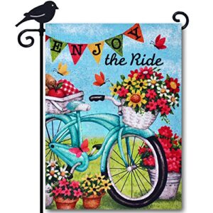 LAYOER Garden Flag 12.5 x 18 Inch Blue Bicycle Bunting Flower Basket Spring Summer Double sided Outdoor Courtyard Farmhouse small Decoration