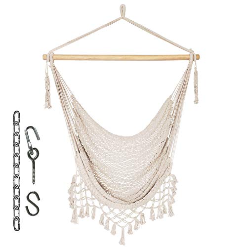 Prime Garden Mesh Hammock Net Chair Swing, Hanging Rope Netted Soft Cotton Hammock Chair Swing Seat Porch Chair for Yard Bedroom Patio Porch Indoor Outdoor, 265 lbs Weight Capacity, Beige