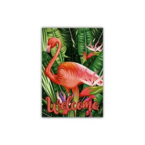 flamingo welcome garden flag, flamingo and banana leaf garden flag, summer tropical theme party yard sign lawn sign, 12 x 18 inch double side home decor