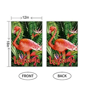 Flamingo Welcome Garden Flag, Flamingo and Banana Leaf Garden Flag, Summer Tropical Theme Party Yard Sign Lawn Sign, 12 x 18 Inch Double Side Home Decor