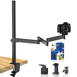 heavy desktop overhead camera mount rig stand, top down dslr photography holder with flexible arm and 360° ball head, adjustable height and length for ring light/video camera/webcam/panel light