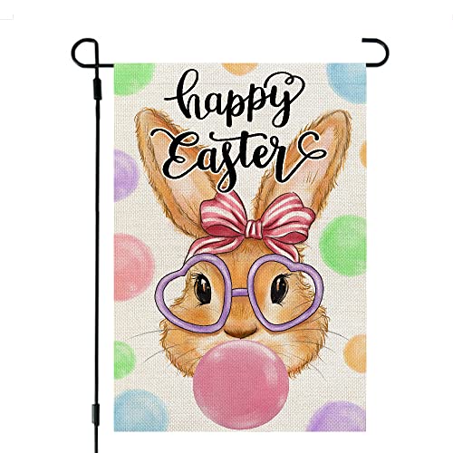 CROWNED BEAUTY Happy Easter Bunny Garden Flag Bubbles 12x18 Inch Double Sided for Outside Burlap Small Yard Holiday Decoration CF703-12