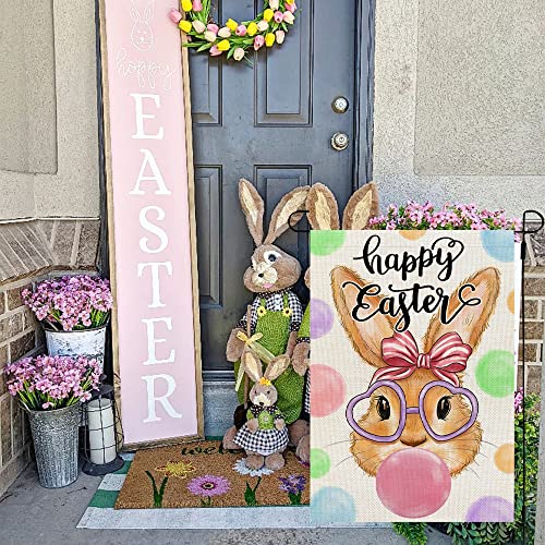 CROWNED BEAUTY Happy Easter Bunny Garden Flag Bubbles 12x18 Inch Double Sided for Outside Burlap Small Yard Holiday Decoration CF703-12