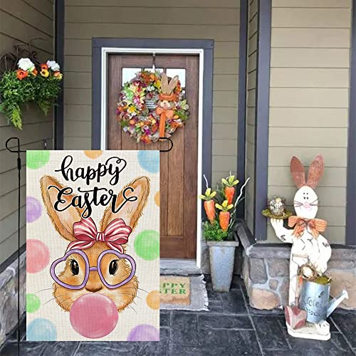 CROWNED BEAUTY Happy Easter Bunny Garden Flag Bubbles 12x18 Inch Double Sided for Outside Burlap Small Yard Holiday Decoration CF703-12