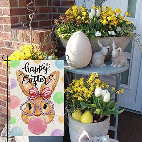 CROWNED BEAUTY Happy Easter Bunny Garden Flag Bubbles 12x18 Inch Double Sided for Outside Burlap Small Yard Holiday Decoration CF703-12