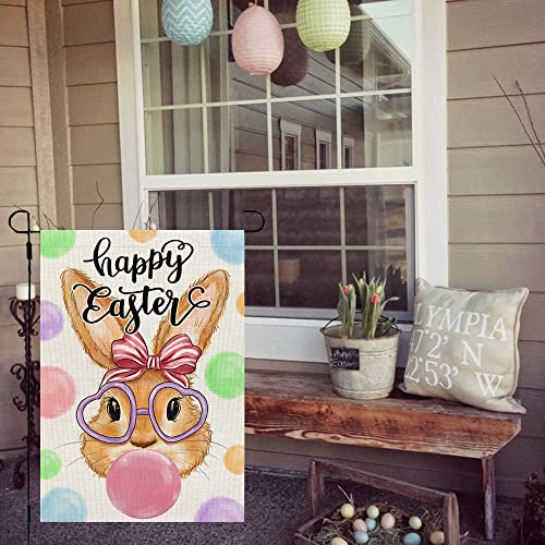CROWNED BEAUTY Happy Easter Bunny Garden Flag Bubbles 12x18 Inch Double Sided for Outside Burlap Small Yard Holiday Decoration CF703-12