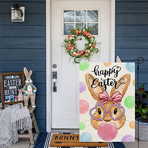 CROWNED BEAUTY Happy Easter Bunny Garden Flag Bubbles 12x18 Inch Double Sided for Outside Burlap Small Yard Holiday Decoration CF703-12