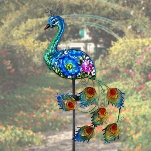 WUFEILY Peacock Solar Garden Lights, Hand-Painted Glass Solar Garden Decor, Decorative Garden Stakes Yard Art Decorations Outdoor, Lawn Stake Ornaments for Patio Pathway Yard