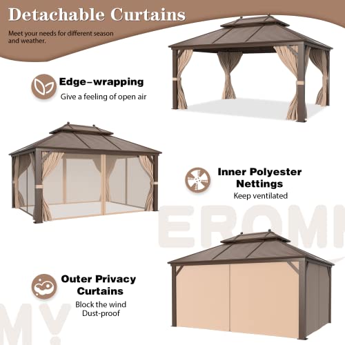 EROMMY Hardtop Gazebo Galvanized Steel Outdoor Gazebo Canopy Double Vented Roof Pergolas Aluminum Frame with Netting and Curtains for Garden,Patio,Lawns,Parties (10'x 13')