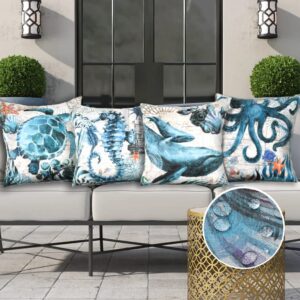merrycolor set of 4 outdoor waterproof throw pillow covers 18×18 inch square decorative blue outdoor pillow covers for patio funiture garden bench (mediterranean style)