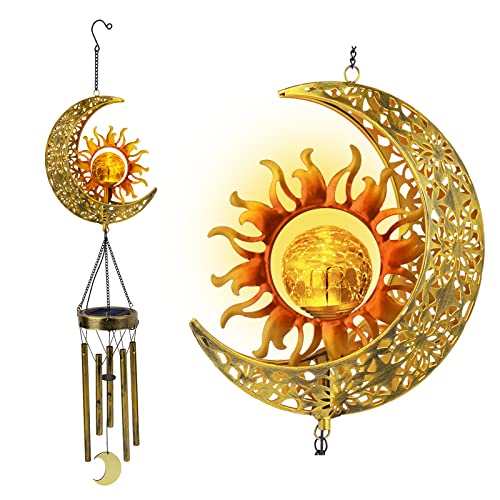 JYPS Sun Moon Solar Wind Chimes for Outside Crackle Glass Ball Waterproof Wind Chimes Outdoor Clearance Deep Tone Garden Decor Birthday Unique Gifts for Women Mom Grandma Windchimes Gardening