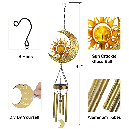 JYPS Sun Moon Solar Wind Chimes for Outside Crackle Glass Ball Waterproof Wind Chimes Outdoor Clearance Deep Tone Garden Decor Birthday Unique Gifts for Women Mom Grandma Windchimes Gardening