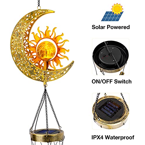 JYPS Sun Moon Solar Wind Chimes for Outside Crackle Glass Ball Waterproof Wind Chimes Outdoor Clearance Deep Tone Garden Decor Birthday Unique Gifts for Women Mom Grandma Windchimes Gardening