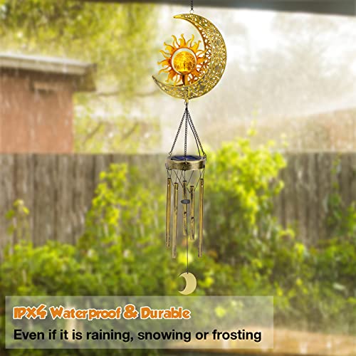 JYPS Sun Moon Solar Wind Chimes for Outside Crackle Glass Ball Waterproof Wind Chimes Outdoor Clearance Deep Tone Garden Decor Birthday Unique Gifts for Women Mom Grandma Windchimes Gardening