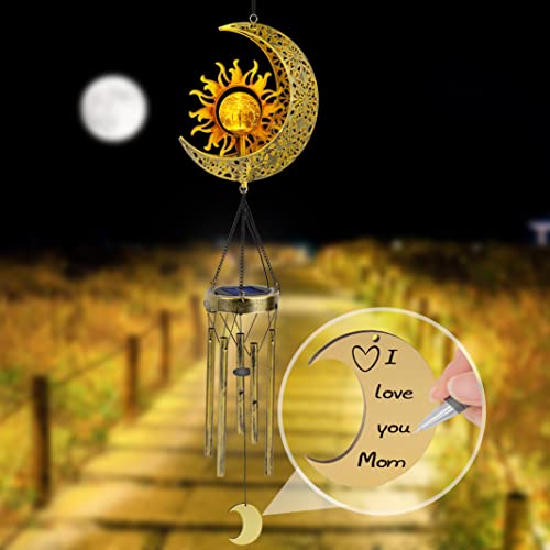 JYPS Sun Moon Solar Wind Chimes for Outside Crackle Glass Ball Waterproof Wind Chimes Outdoor Clearance Deep Tone Garden Decor Birthday Unique Gifts for Women Mom Grandma Windchimes Gardening