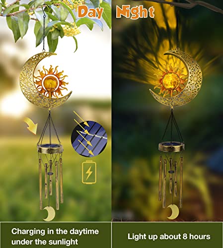 JYPS Sun Moon Solar Wind Chimes for Outside Crackle Glass Ball Waterproof Wind Chimes Outdoor Clearance Deep Tone Garden Decor Birthday Unique Gifts for Women Mom Grandma Windchimes Gardening