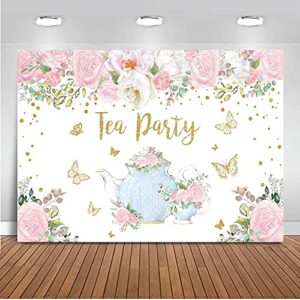 mocsicka tea party backdrop 7x5ft princess wonderland floral birthday baby shower photo backdrops let’s partea gold butterfly tea time photography background