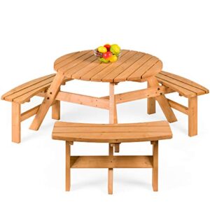 best choice products 6-person circular outdoor wooden picnic table for patio, backyard, garden, diy w/ 3 built-in benches, 500lb capacity – natural