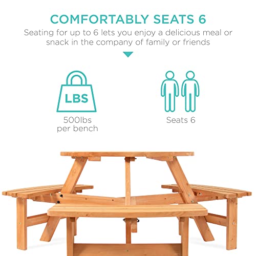 Best Choice Products 6-Person Circular Outdoor Wooden Picnic Table for Patio, Backyard, Garden, DIY w/ 3 Built-in Benches, 500lb Capacity - Natural