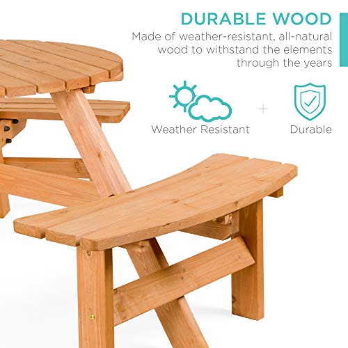 Best Choice Products 6-Person Circular Outdoor Wooden Picnic Table for Patio, Backyard, Garden, DIY w/ 3 Built-in Benches, 500lb Capacity - Natural