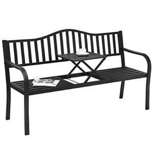 tangkula outdoor garden bench with pullout middle table, patio park steel bench, front porch bench, pool deck bench, outdoor furniture loveseat chair for 2-3 person, ideal for yard lawn entryway