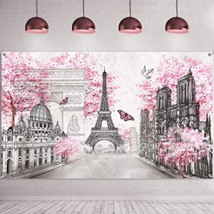 paris tapestry backdrop paris wall art eiffel tower photo banner background european city landscape pink wall hanging decor for living room girl bedroom paris themed party decoration, 72.8 x 43.3 inch