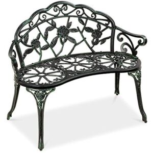 best choice products outdoor bench steel garden patio porch loveseat furniture for lawn, park, deck seating w/floral rose accent, antique finish – black/green