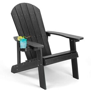 homeqomi adirondack chair, all weather resistant plastic chairs with cup holder, 5 easy steps to install, outdoor chairs for patio, garden, backyard deck, lawn, fire pit – black