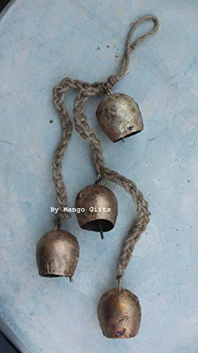 Mango Gifts Rustic Iron 4 Vintage Metal Bells Hanging Windchime with Rope Relaxing Tranquil Wind Chimes 45 cm Length