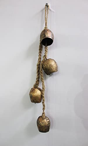 Mango Gifts Rustic Iron 4 Vintage Metal Bells Hanging Windchime with Rope Relaxing Tranquil Wind Chimes 45 cm Length