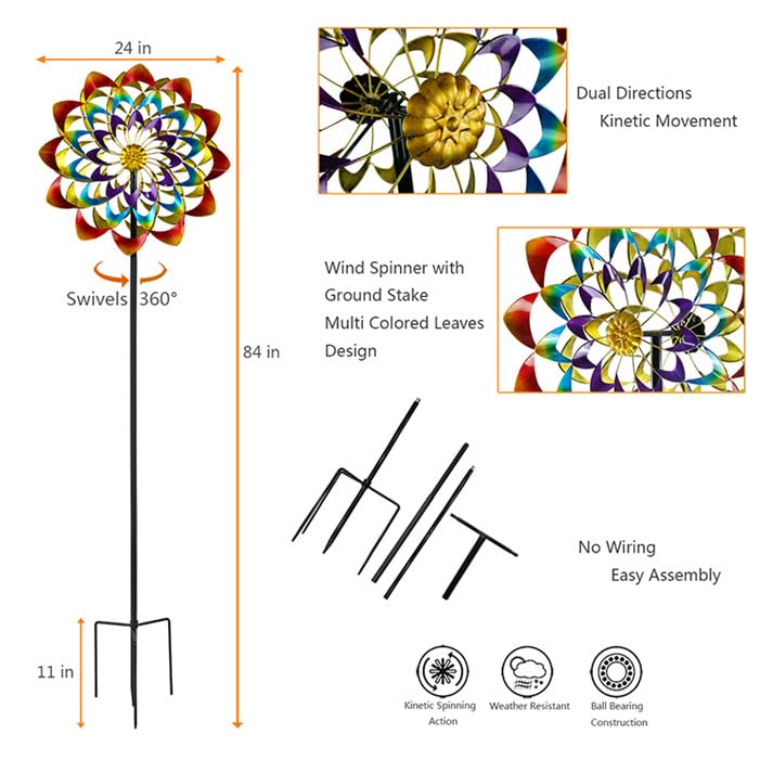 hourflik Rainbow Series Outdoor Garden Yard Art Decor Flower Windmill Pinwheel Wind Spinner with Ground Stake and Hanging Hook, Multi