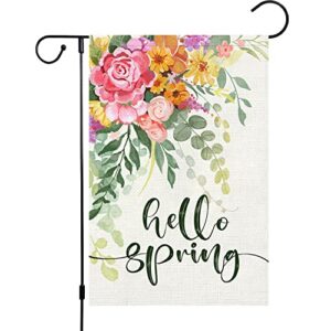 hello spring garden flag 12×18 double sided, burlap small vertical happy spring floral flower garden yard flags for seasonal outside outdoor house decoration (only flag)