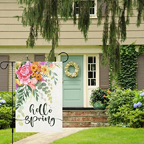 Hello Spring Garden Flag 12x18 Double Sided, Burlap Small Vertical Happy Spring Floral Flower Garden Yard Flags for Seasonal Outside Outdoor House Decoration (Only Flag)