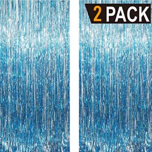 GOER 6.4 ft x 9.8 ft Metallic Tinsel Foil Fringe Curtains,Pack of 2 Party Streamer Backdrop for Birthday,Graduation Decorations and New Year Eve (Light Blue)