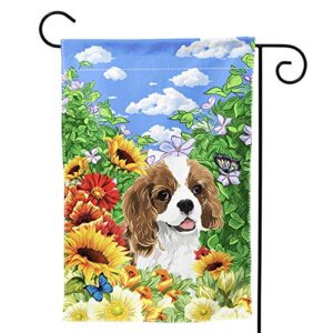 cavalier king charles spaniel garden flag cute dog with beautiful sunflower yard flag spring summer floral print decorative small garden flags double sided 12 x 18 inch outdoor banner