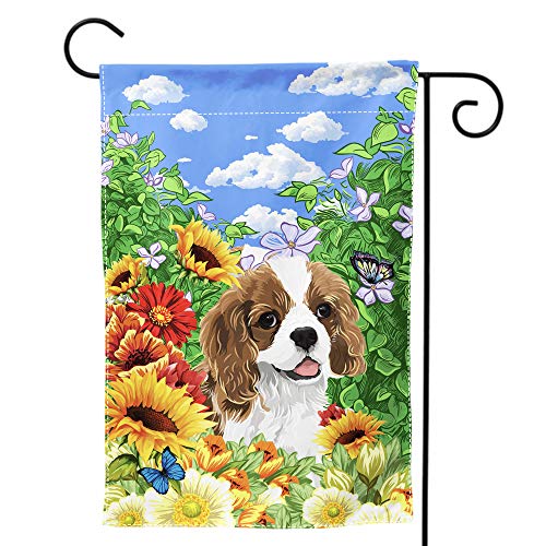 Cavalier King Charles Spaniel Garden Flag Cute Dog with Beautiful Sunflower Yard Flag Spring Summer Floral Print Decorative Small Garden Flags Double Sided 12 x 18 Inch Outdoor Banner