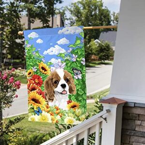 Cavalier King Charles Spaniel Garden Flag Cute Dog with Beautiful Sunflower Yard Flag Spring Summer Floral Print Decorative Small Garden Flags Double Sided 12 x 18 Inch Outdoor Banner