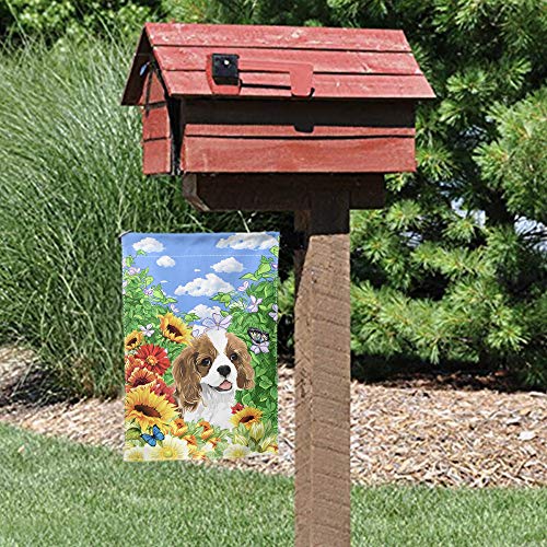 Cavalier King Charles Spaniel Garden Flag Cute Dog with Beautiful Sunflower Yard Flag Spring Summer Floral Print Decorative Small Garden Flags Double Sided 12 x 18 Inch Outdoor Banner