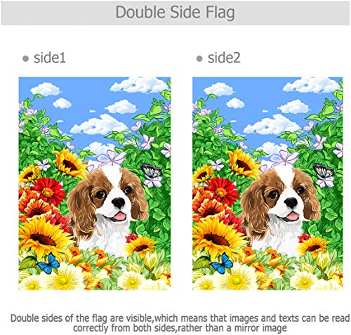 Cavalier King Charles Spaniel Garden Flag Cute Dog with Beautiful Sunflower Yard Flag Spring Summer Floral Print Decorative Small Garden Flags Double Sided 12 x 18 Inch Outdoor Banner