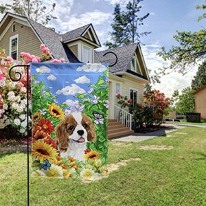 Cavalier King Charles Spaniel Garden Flag Cute Dog with Beautiful Sunflower Yard Flag Spring Summer Floral Print Decorative Small Garden Flags Double Sided 12 x 18 Inch Outdoor Banner