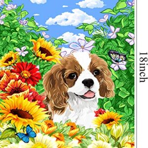 Cavalier King Charles Spaniel Garden Flag Cute Dog with Beautiful Sunflower Yard Flag Spring Summer Floral Print Decorative Small Garden Flags Double Sided 12 x 18 Inch Outdoor Banner
