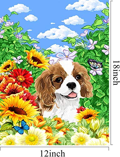 Cavalier King Charles Spaniel Garden Flag Cute Dog with Beautiful Sunflower Yard Flag Spring Summer Floral Print Decorative Small Garden Flags Double Sided 12 x 18 Inch Outdoor Banner