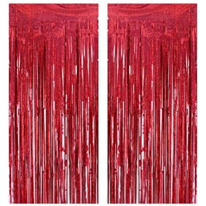 2 pack 3.2ft x 8.2ft red foil fringe curtain, glitter metallic tinsel foil fringe curtains photo booth backdrop tinsel door curtains for wedding bridal shower bachelorette christmas party decorations