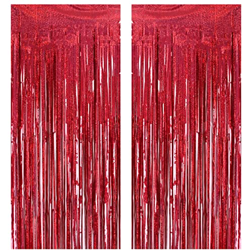 2 Pack 3.2ft x 8.2ft Red Foil Fringe Curtain, Glitter Metallic Tinsel Foil Fringe Curtains Photo Booth Backdrop Tinsel Door Curtains for Wedding Bridal Shower Bachelorette Christmas Party Decorations