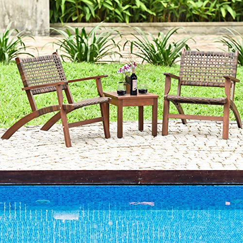 Tangkula 3 PCS Patio Conversation Set, Solid Eucalyptus Wood Frame Outdoor Wicker Furniture Set Bistro Set with Coffee Table, Rattan Furniture Set for Backyard Porch Garden Poolside Balcony (Brown)