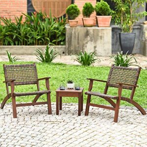 Tangkula 3 PCS Patio Conversation Set, Solid Eucalyptus Wood Frame Outdoor Wicker Furniture Set Bistro Set with Coffee Table, Rattan Furniture Set for Backyard Porch Garden Poolside Balcony (Brown)