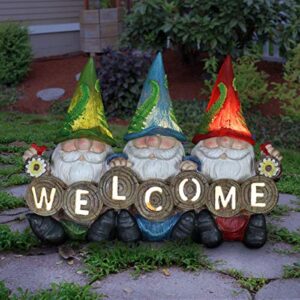 exhart garden gnomes, solar garden gnome statue with welcome sign, led hats, funny outdoor garden decoration, 13 x 9 inch